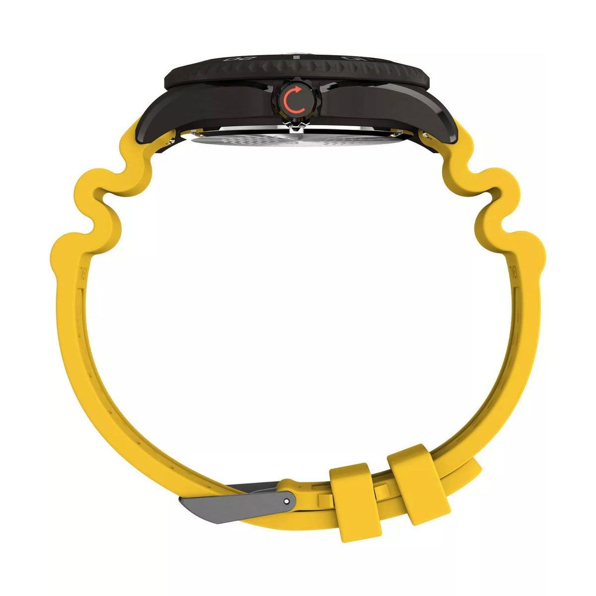 Yellow rubber watch band with black caseback and side crown