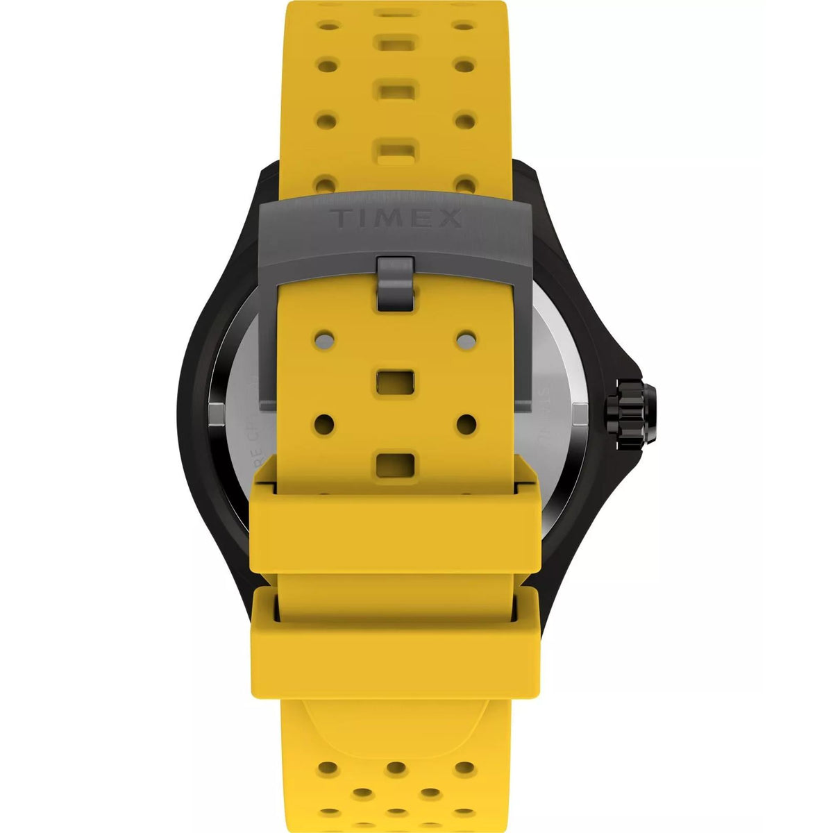 Yellow perforated rubber strap with black watch case and crown