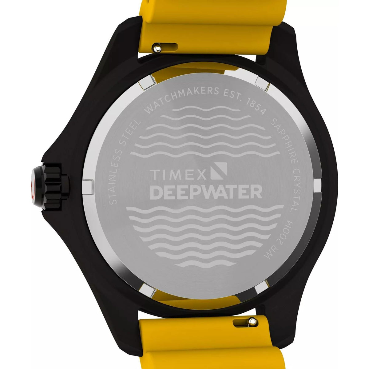 Timex Deepwater caseback with wavy pattern, black bezel, yellow rubber strap