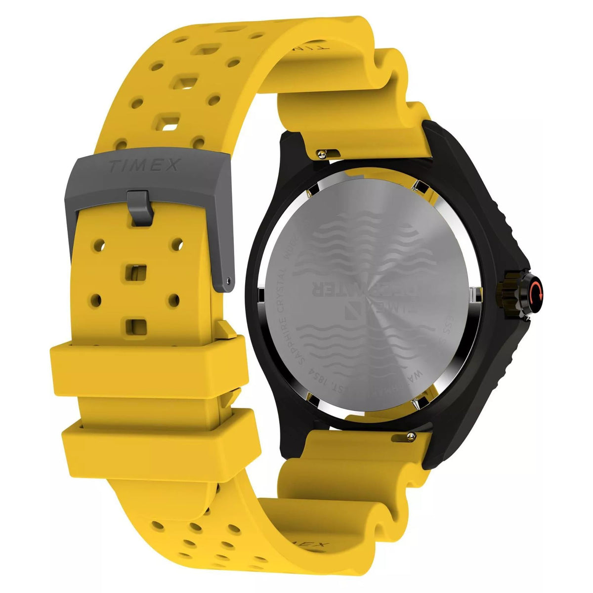 Black watch case with silver wave-pattern back and yellow rubber strap