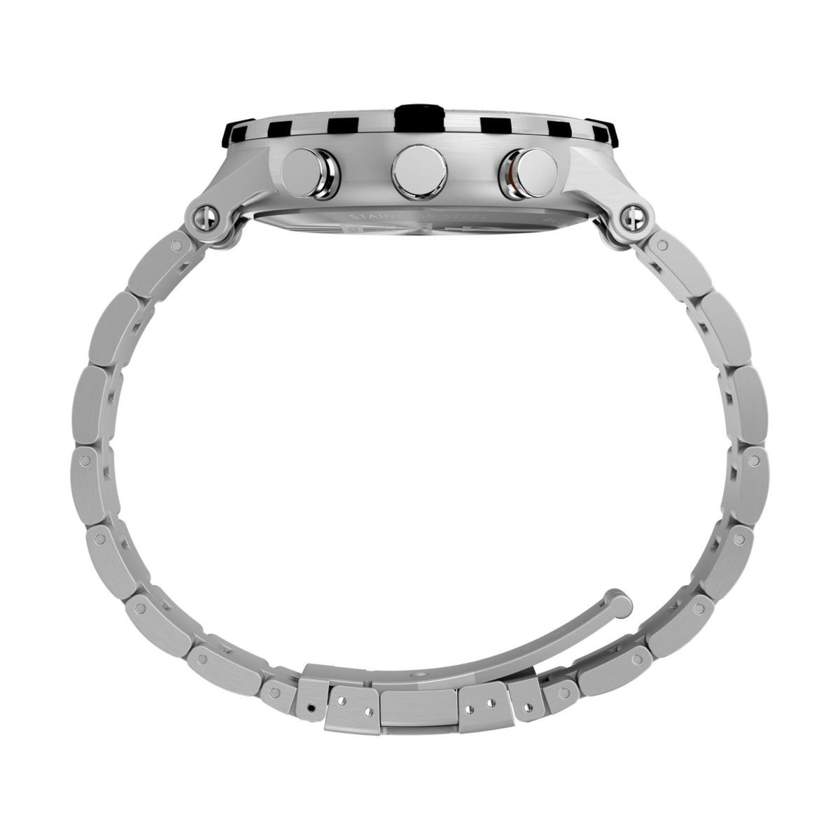 Men's steel quartz watch case and link bracelet from the side, with crown and pushers