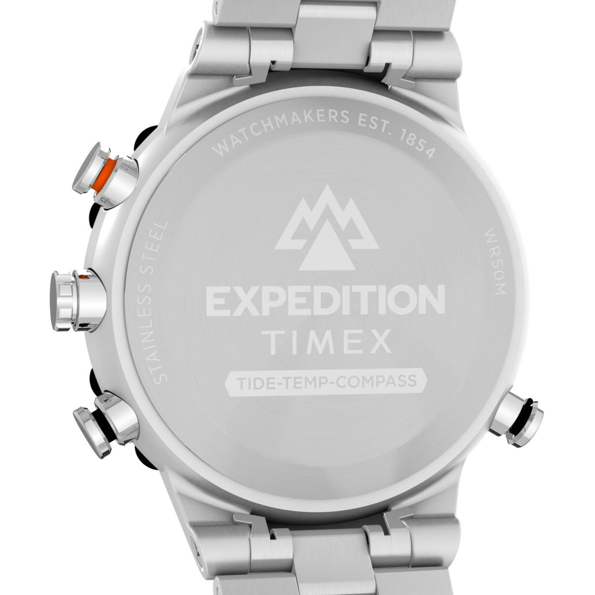 Men's steel quartz watch caseback with Expedition logo and Tide-Temp-Compass text