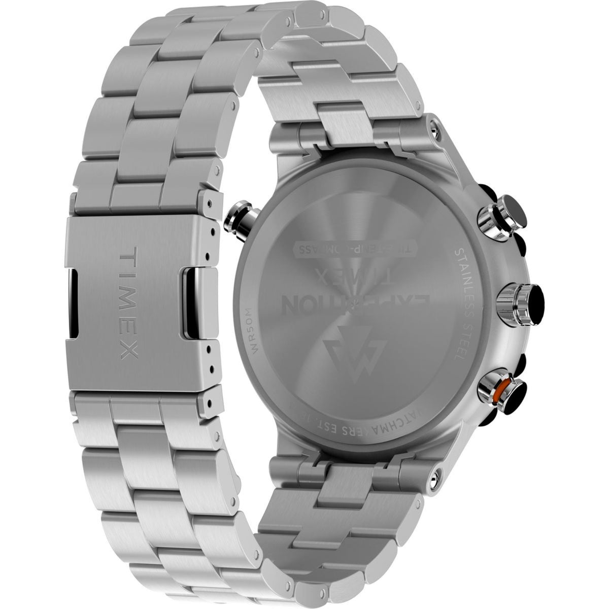 Men's steel quartz watch side view with metal bracelet, crown, and pushers
