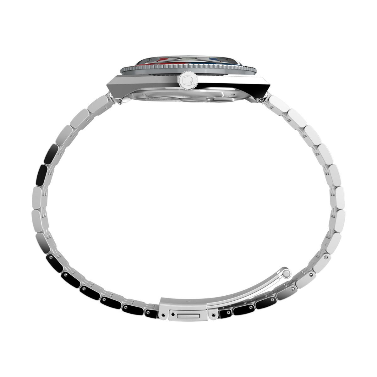Timex men's steel quartz watch, side view of case and metal bracelet with crown