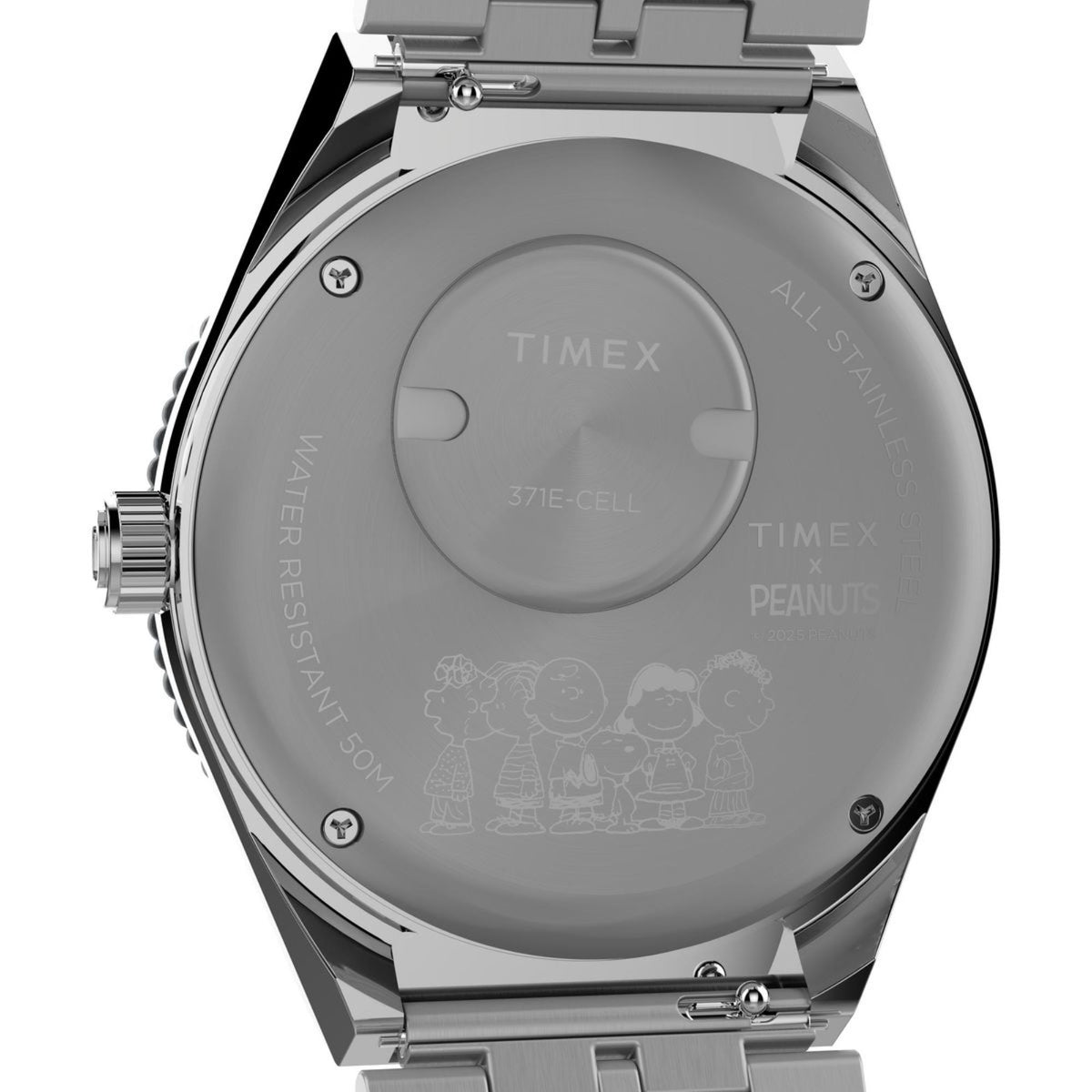Steel watch case back with 371E-Cell mark, Timex and Peanuts logos, screws