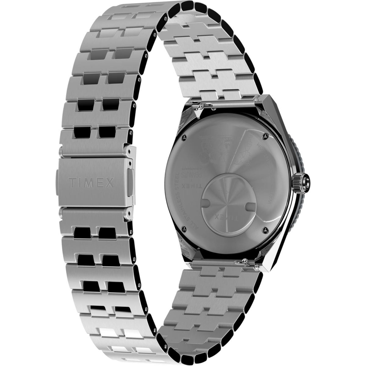 Timex men's steel quartz watch, angled view showing bracelet and case back