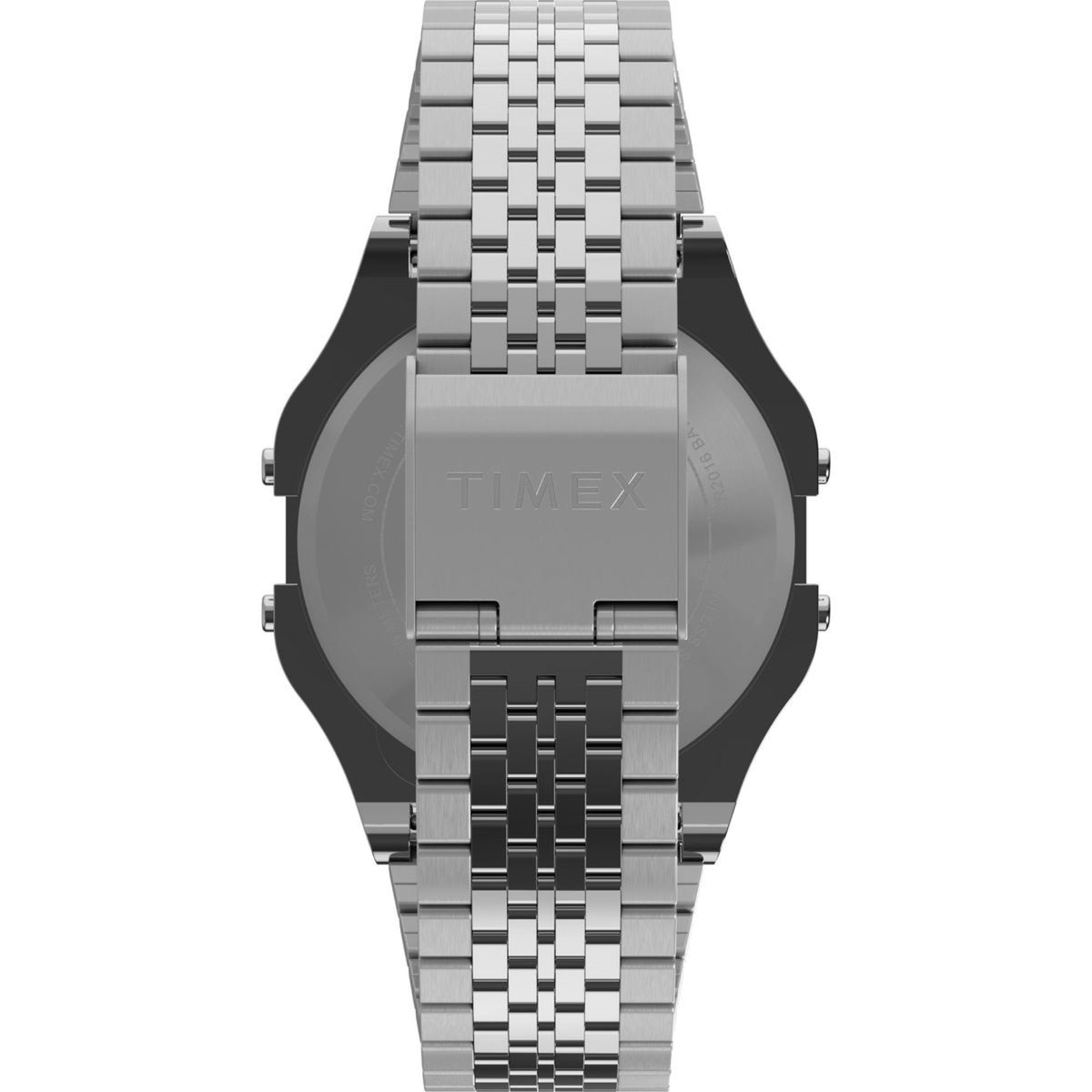 Stainless-steel digital watch with ridged bracelet and dark case side accents