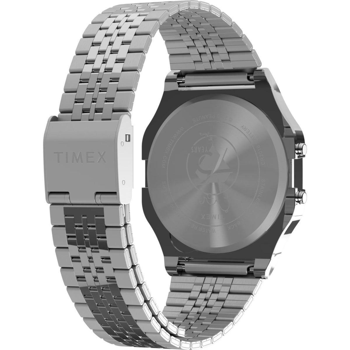 Stainless-steel digital wristwatch with dark display window and full linked bracelet