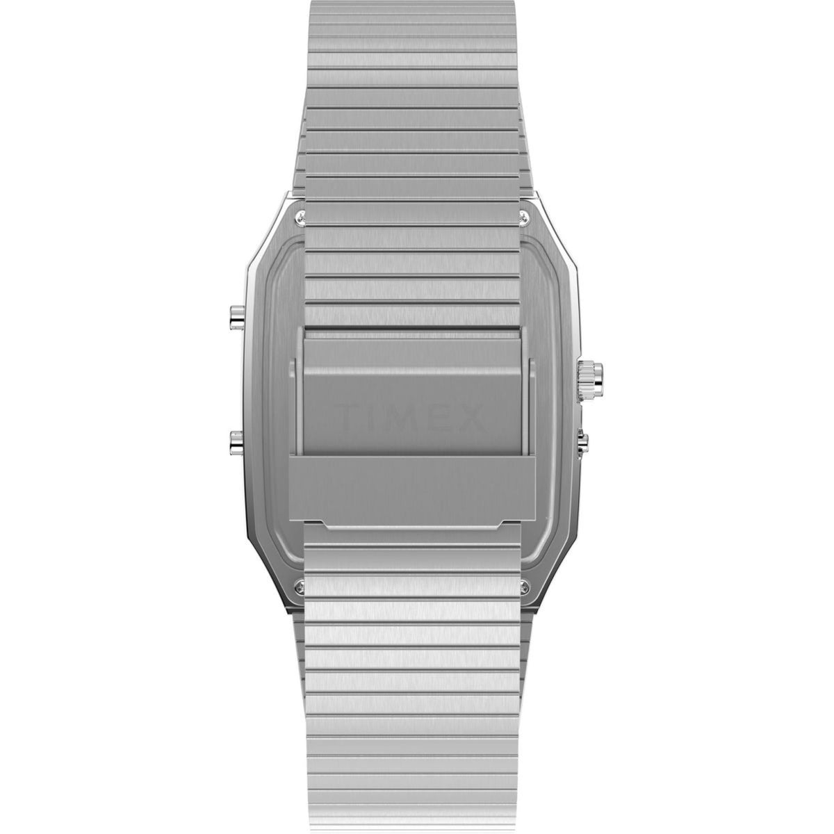 Stainless steel watch with ribbed strap and rectangular case front, no dial details