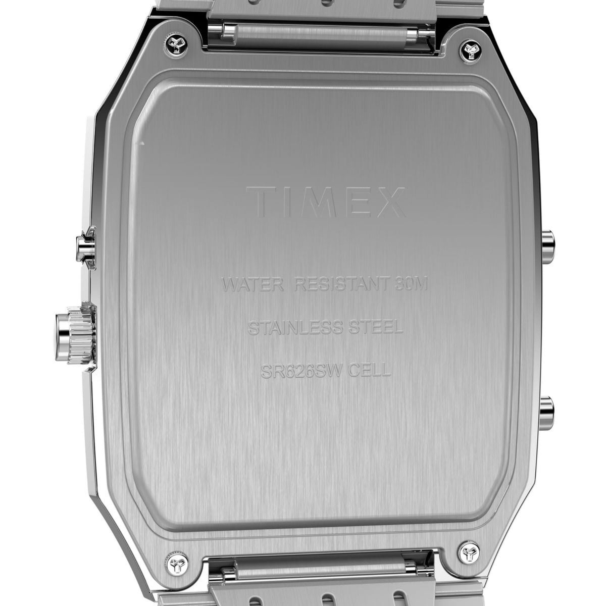 Stainless steel watch case back with WATER RESISTANT 50M and STAINLESS STEEL text
