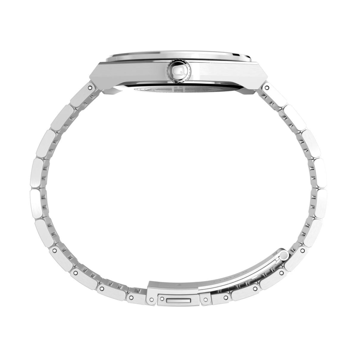 Stainless steel watch band with link bracelet and curved case side
