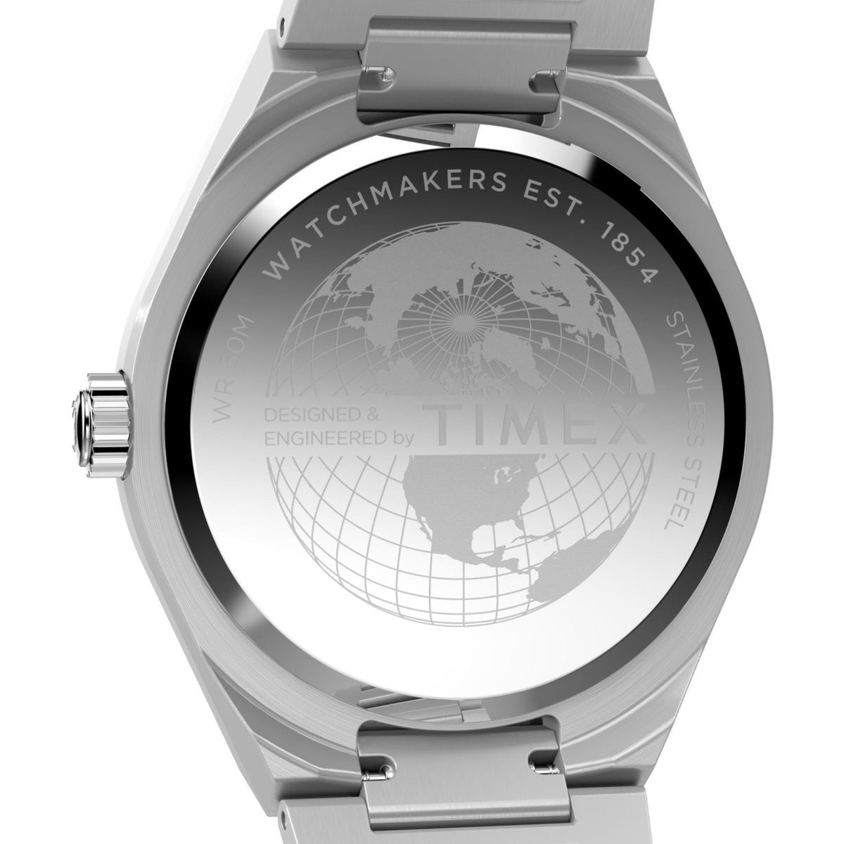 Stainless steel watch case back with engraved globe design in black center