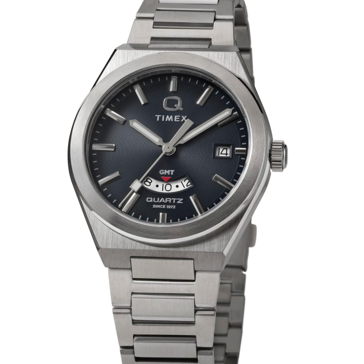 Black dial stainless steel quartz watch with GMT markings and date window