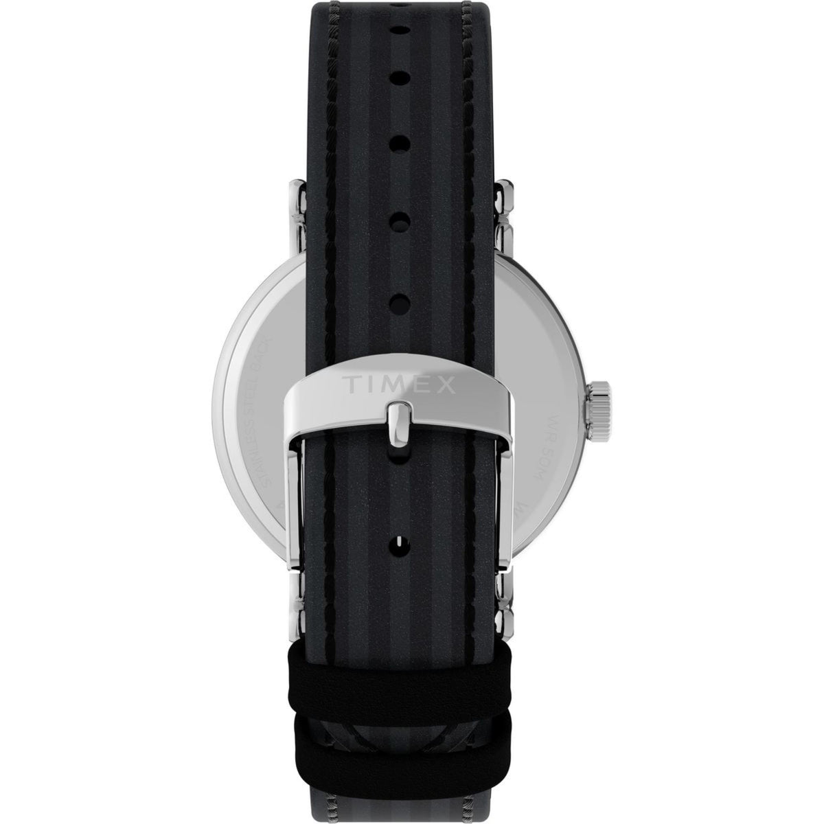 Timex watch case back with silver backplate and black striped leather band