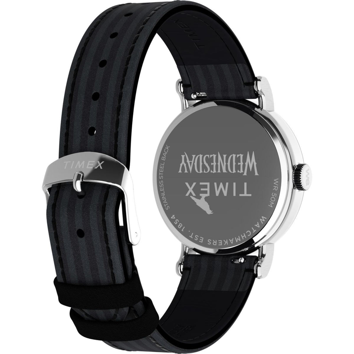 Women’s wrist watch with silver bezel, black dial, and black striped leather band