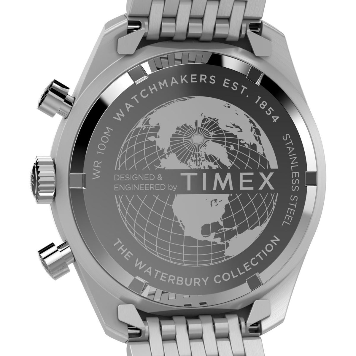 Stainless-steel caseback with world map engraving for men's chronograph quartz watch