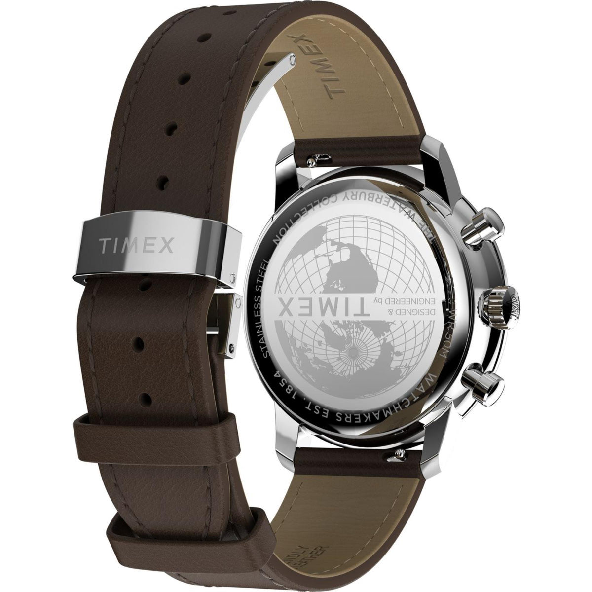 Watch case back showing globe engraving and dark brown leather strap, round steel bezel.