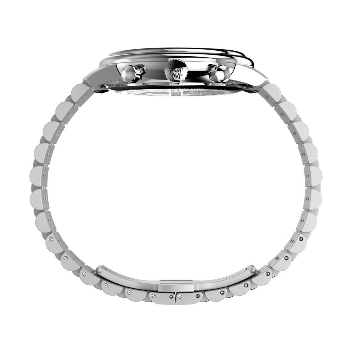 Stainless steel watch bracelet with linked bands and clasp, case profile at top