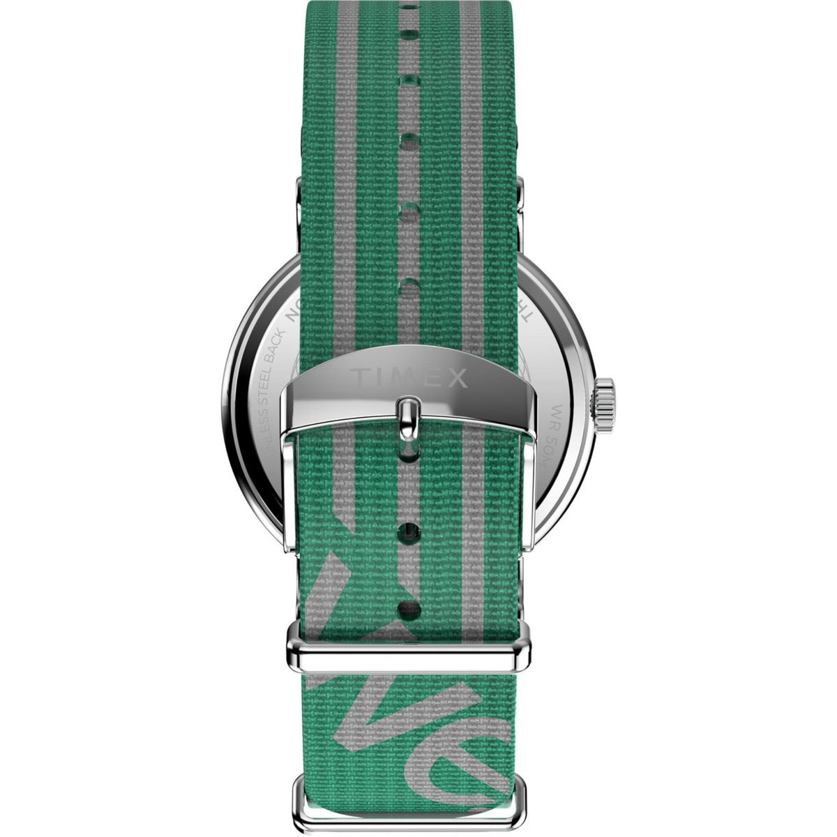 Timex Weekender watch side view with green striped fabric strap and round metal case
