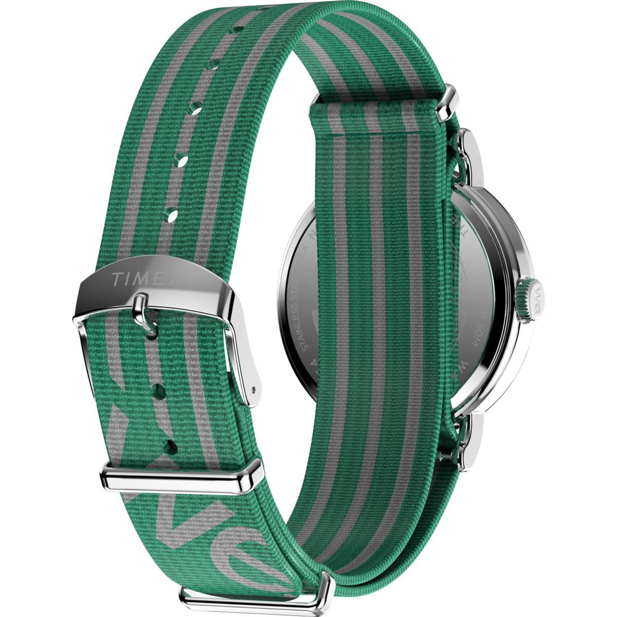 Timex Weekender quartz watch with green striped fabric strap shown from side angle