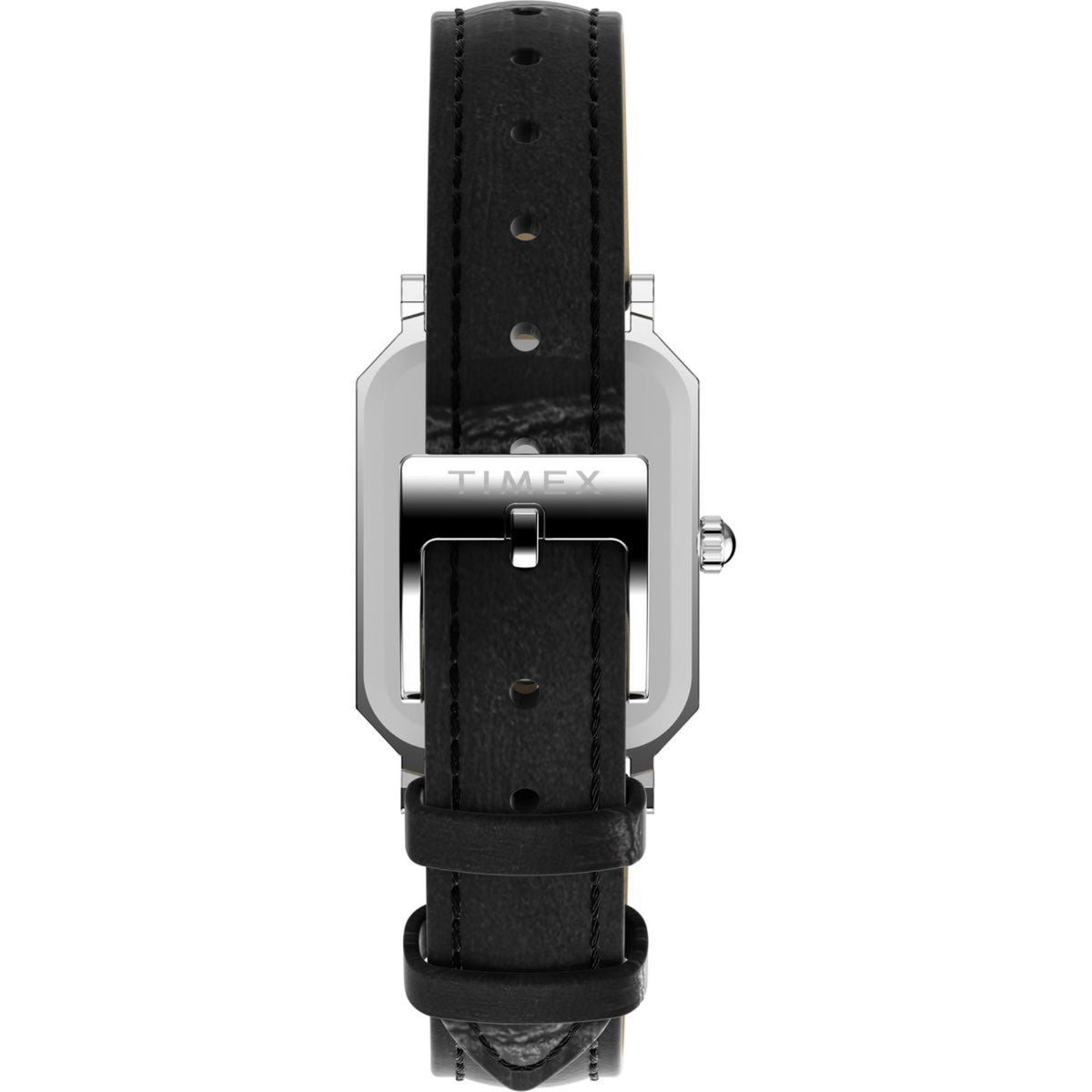 Women's watch rear view with black leather strap and silver-tone case with crown