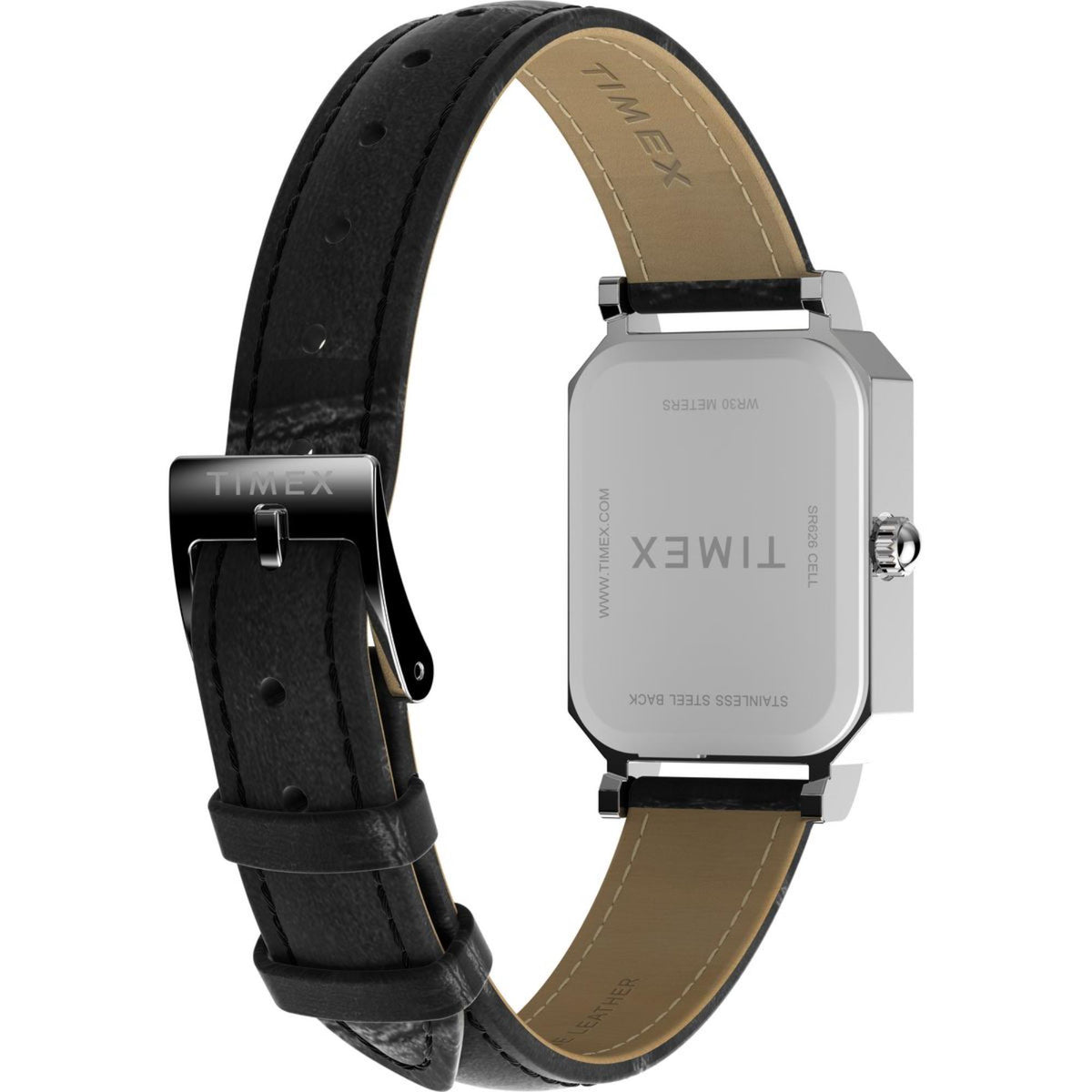 Square Timex watch with white dial, Roman numerals, black leather strap, silver-tone frame