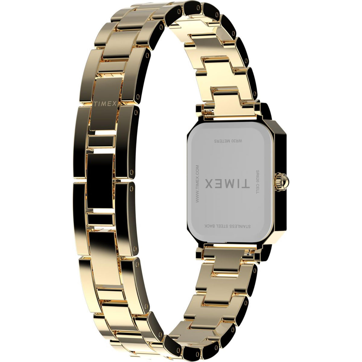 Gold-tone ladies watch with white dial, Roman numeral markers, and metal bracelet