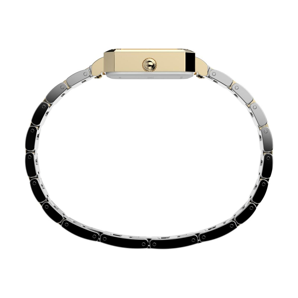 Two-tone metal watch bracelet with alternating gold and silver links, rectangular clasp.