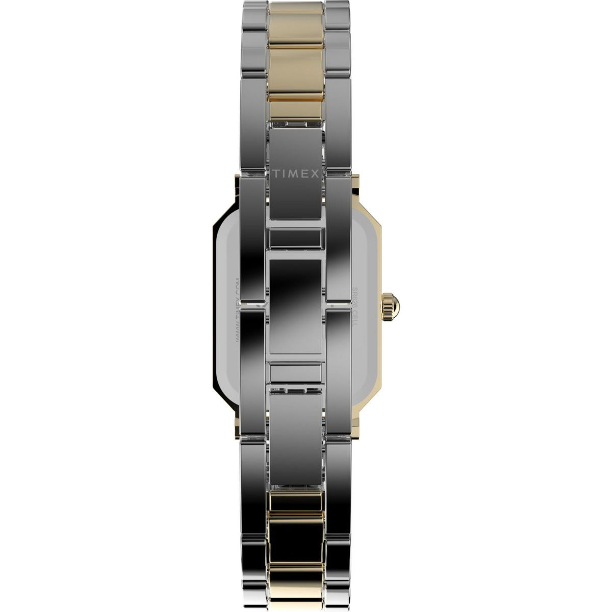 Two-tone steel watch case and crown side view, gold center links on stainless bracelet.