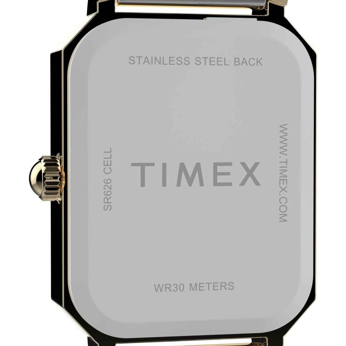 Stainless steel watch back with branding and WR30 meters marking; gold-silver case edges.