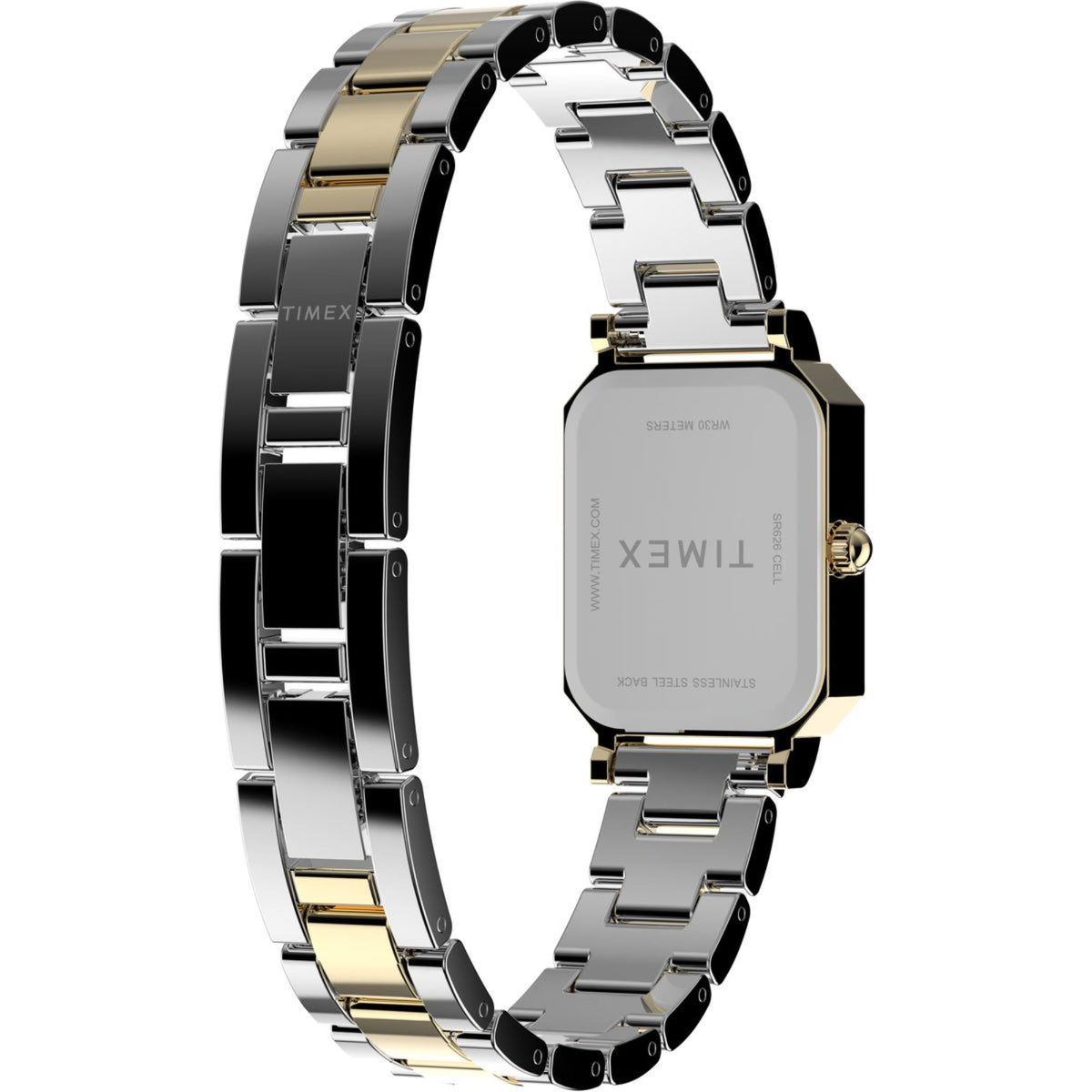 Two-tone steel quartz watch with white dial and Roman numerals, gold center links, bracelet.