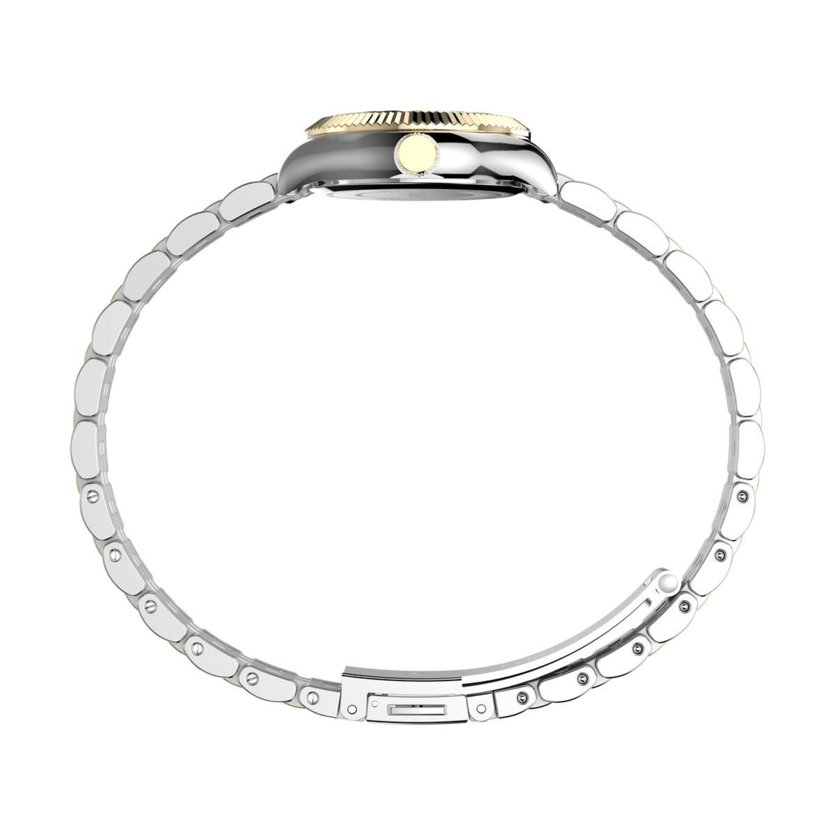 Timex ladies quartz watch, two-tone steel link bracelet and clasp, side view
