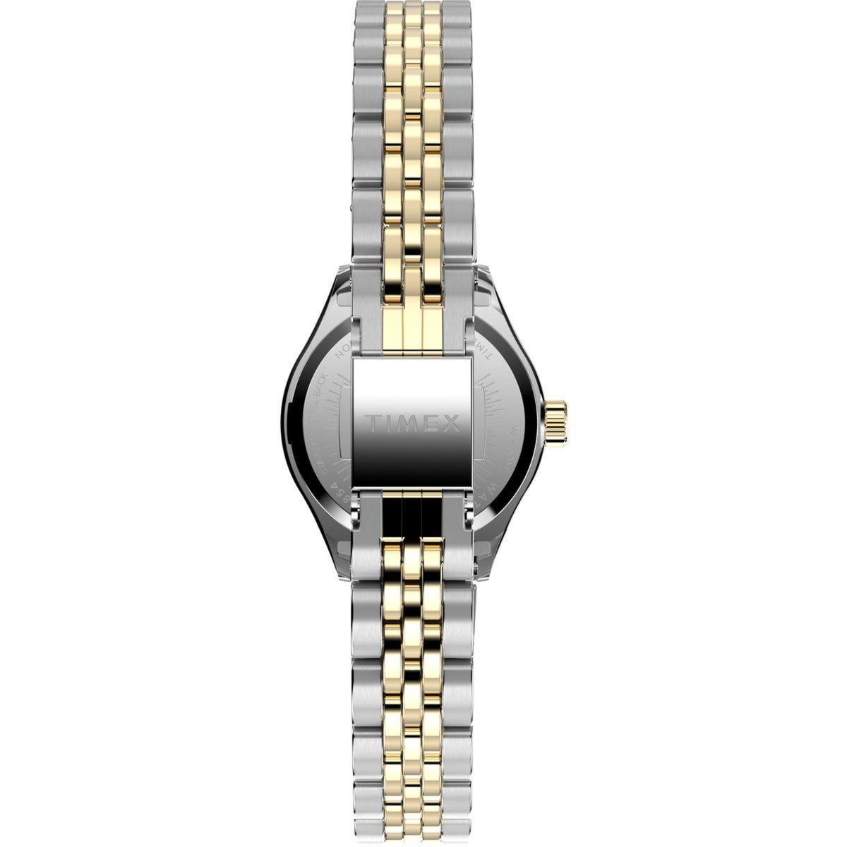Timex ladies quartz watch, round two-tone case with crown, two-tone steel link bracelet