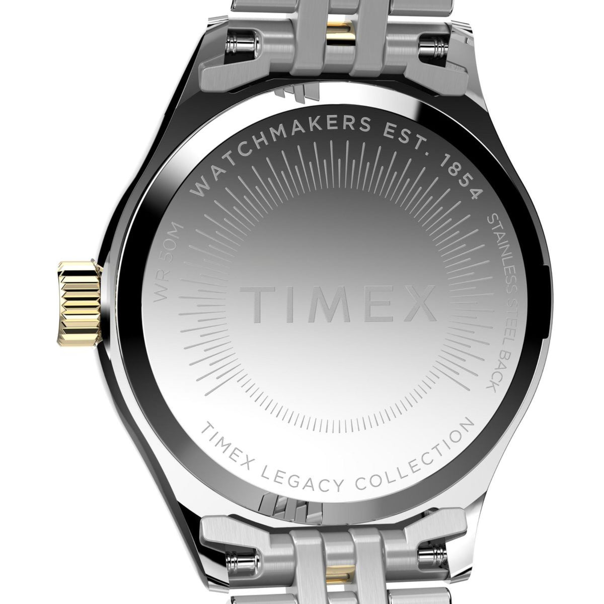 Engraved caseback of Timex ladies quartz watch, two-tone steel bracelet and crown