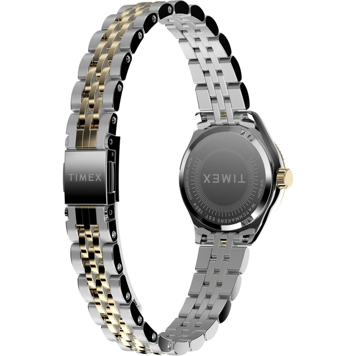 Timex ladies quartz watch, two-tone steel link bracelet, champagne dial, angled side view