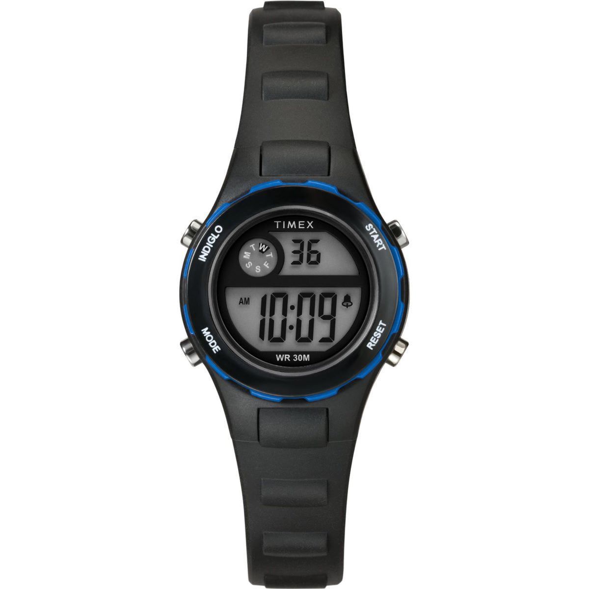 Kids digital watch with black resin strap, round gray display, blue-accent bezel
