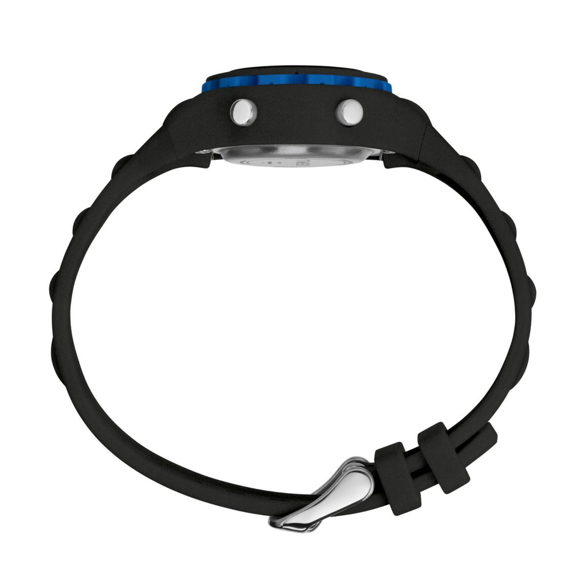 Kids resin watch with black rubber strap, silver caseback, blue edge detail