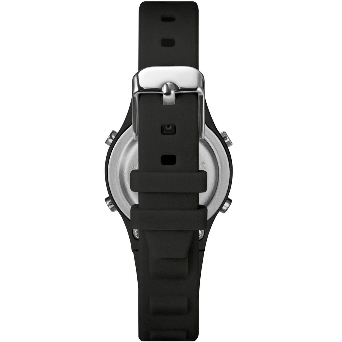 Kids digital watch with black resin band and silver caseback, side button detail