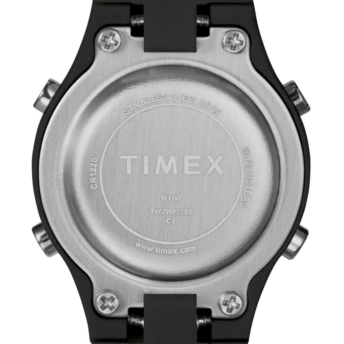Stainless steel caseback of kids digital watch with black strap, engraved TIMEX