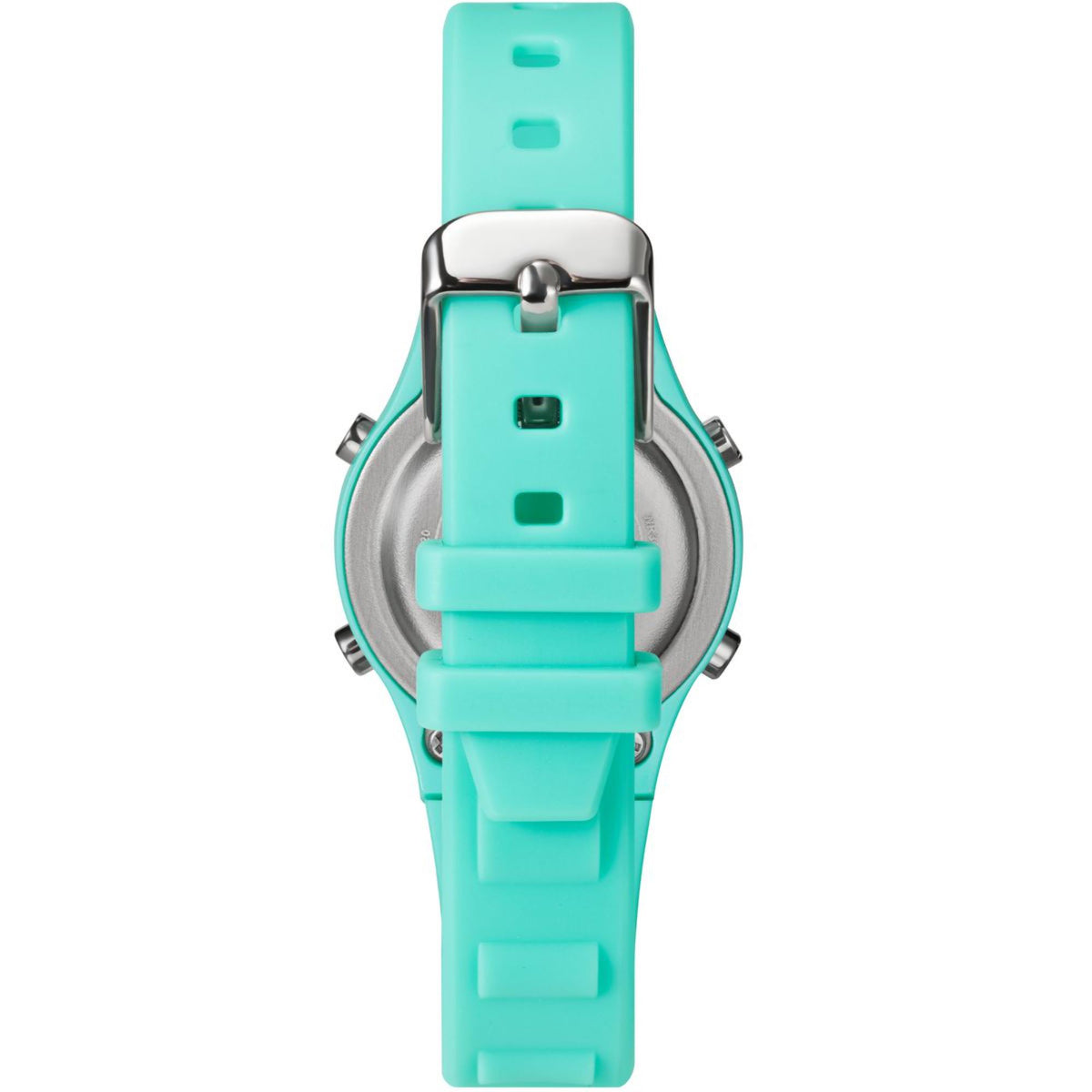 Kids digital quartz watch, turquoise resin strap, stainless steel case back
