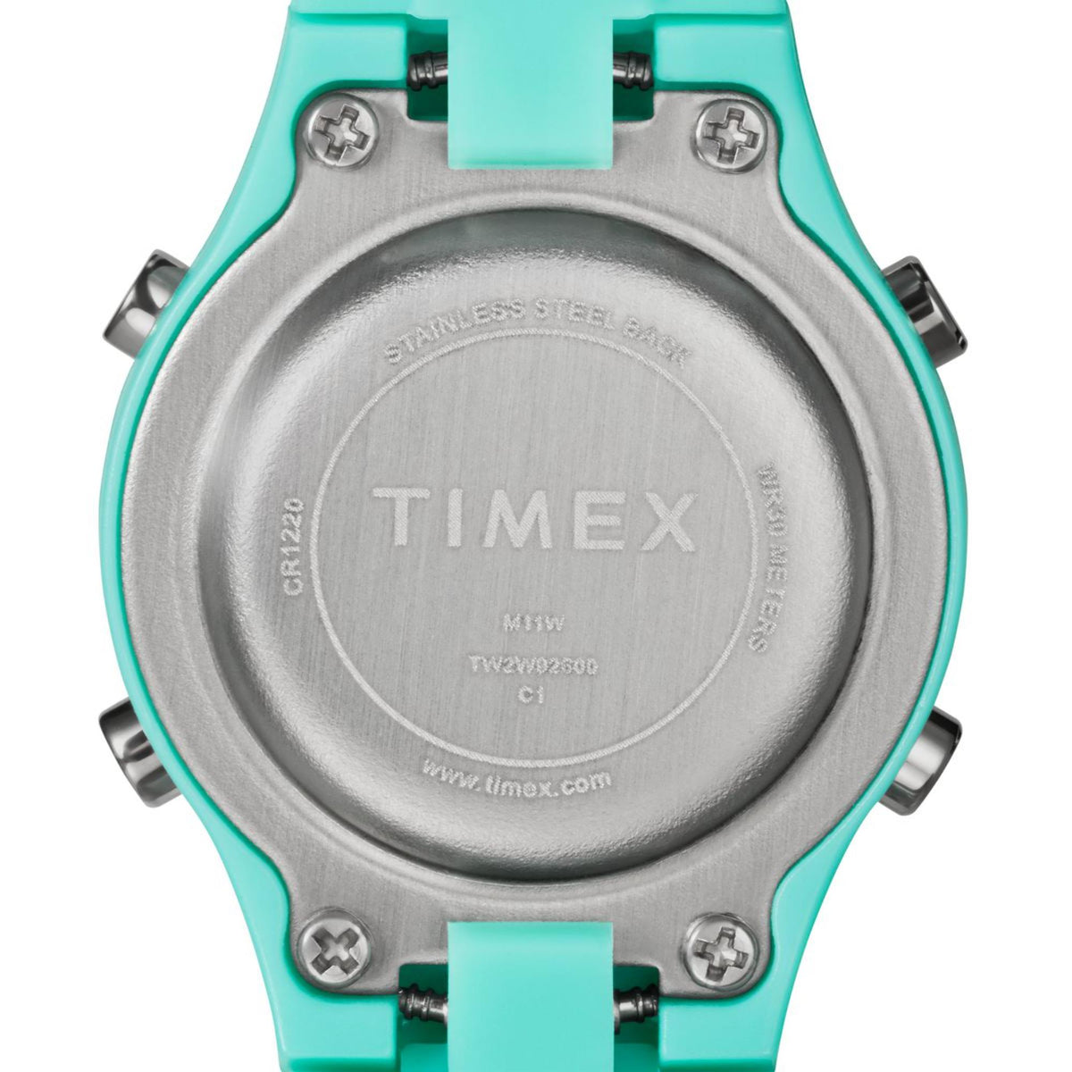 Stainless steel case back of kids digital watch with turquoise bezel, TIMEX branding