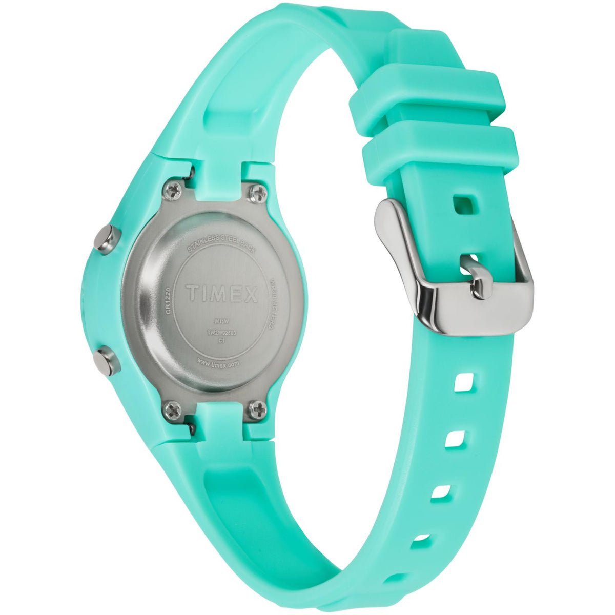 Kids digital quartz watch, turquoise resin strap, stainless buckle and case back details