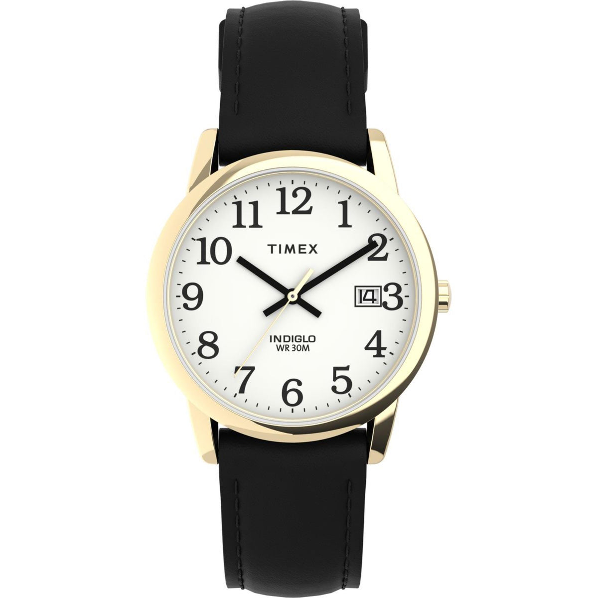 Timex Easy Reader quartz watch with white dial and black leather strap, gold-tone case