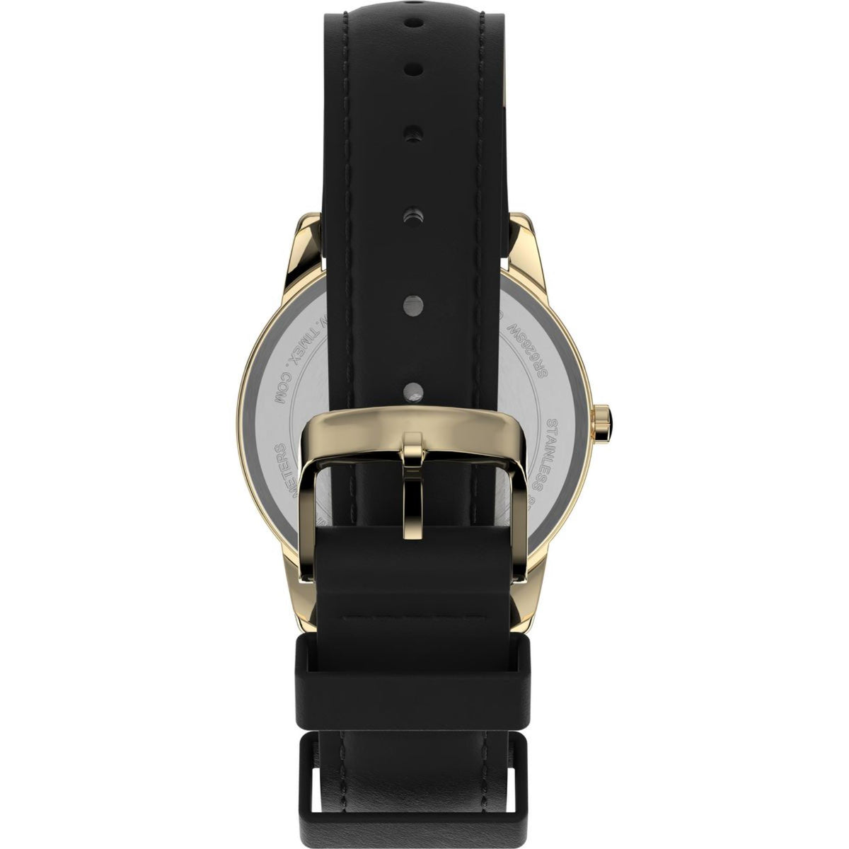 Timex Easy Reader watch back view with black leather strap and gold-tone case, crown right