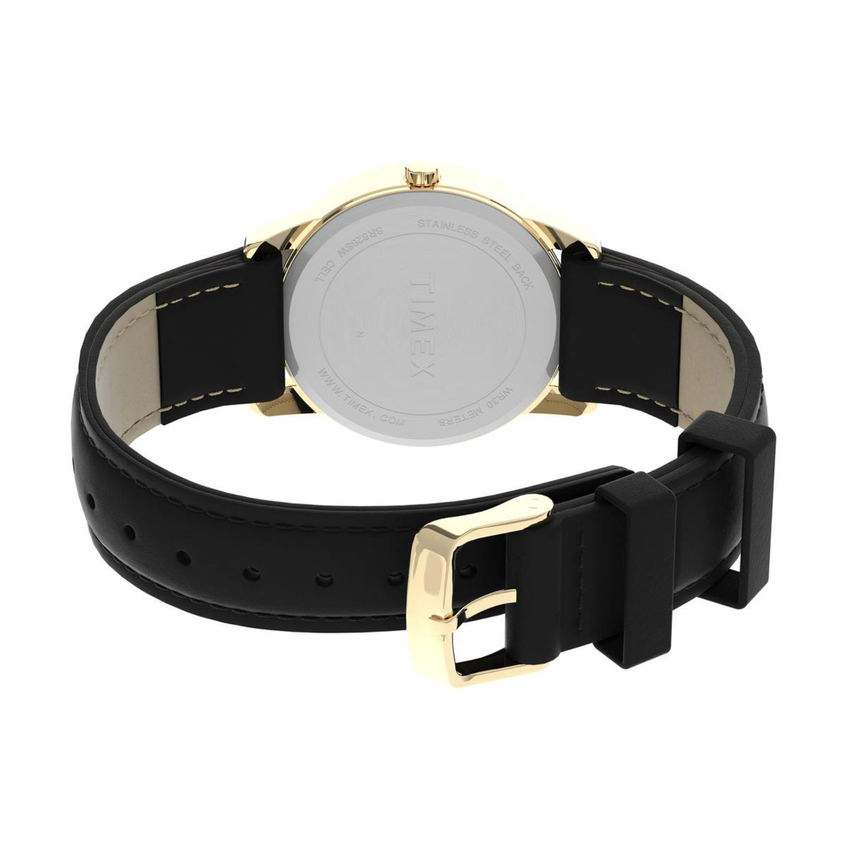 Timex Easy Reader watch with black leather strap, gold buckle and clasp, side angle