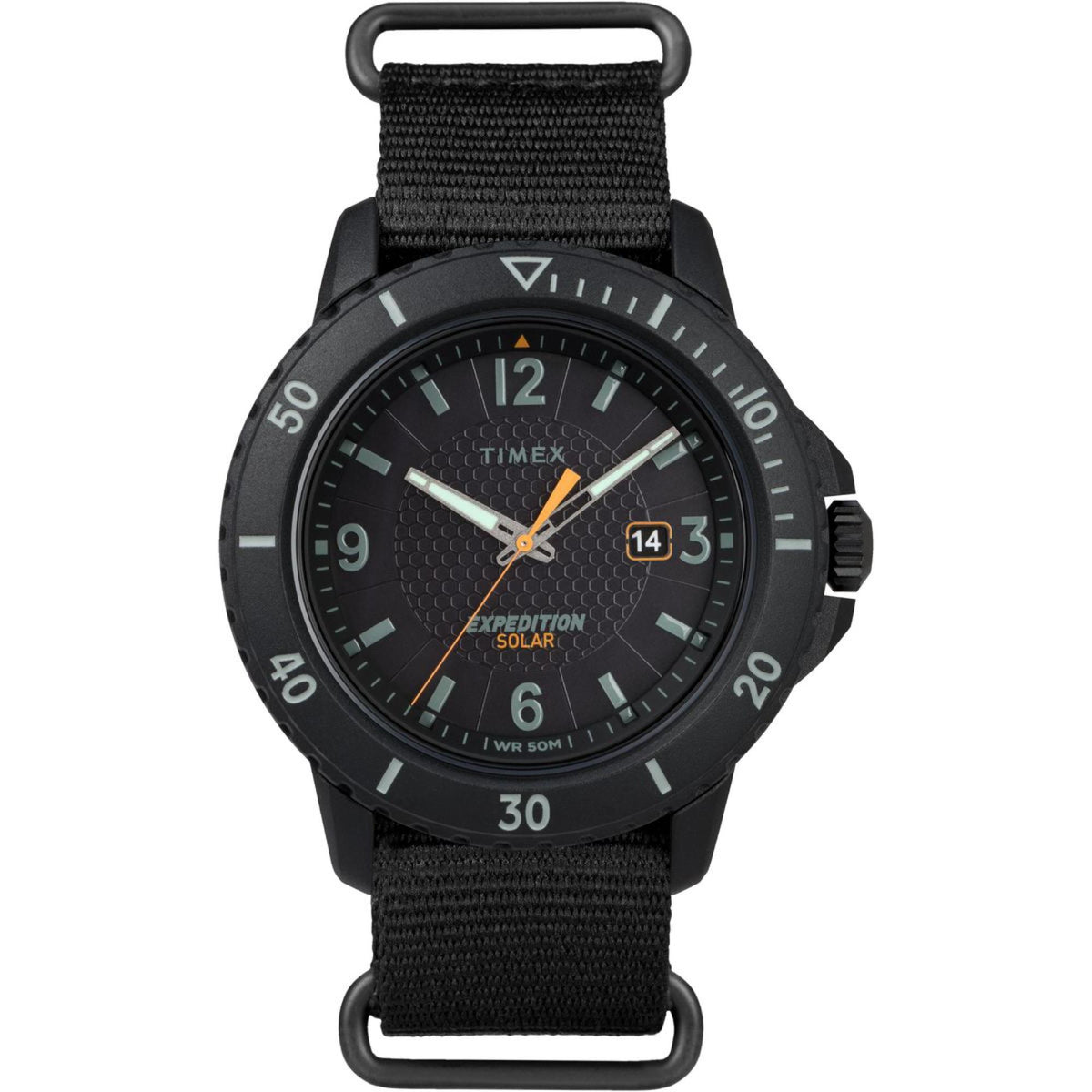 Timex Expedition men's quartz watch with black dial, orange accents, and black nylon strap
