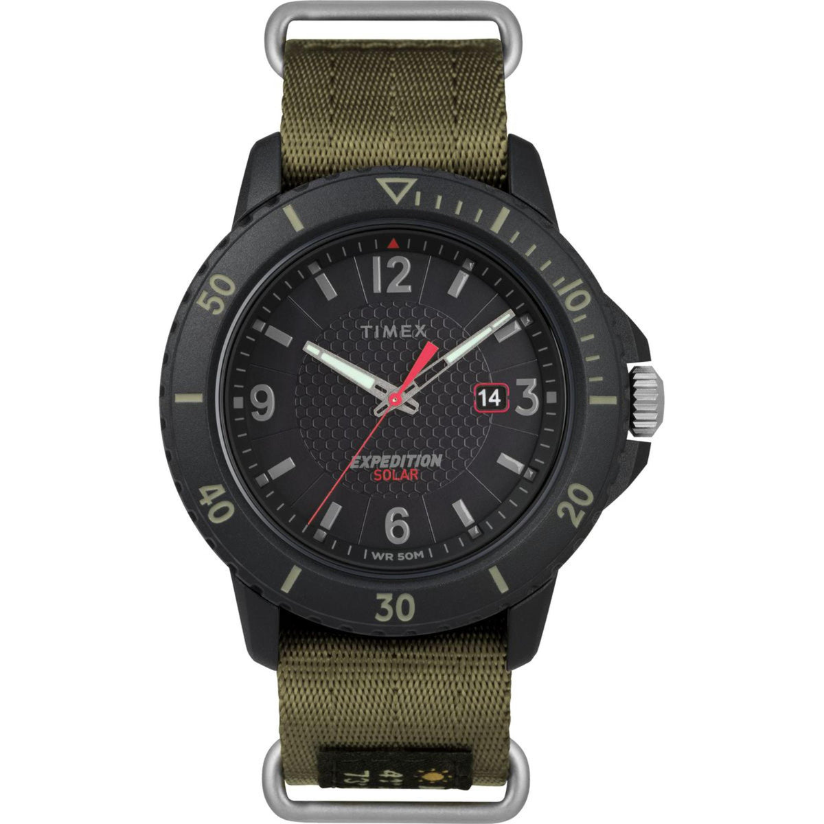 Men's Timex quartz watch with black dial and olive fabric strap, round black case