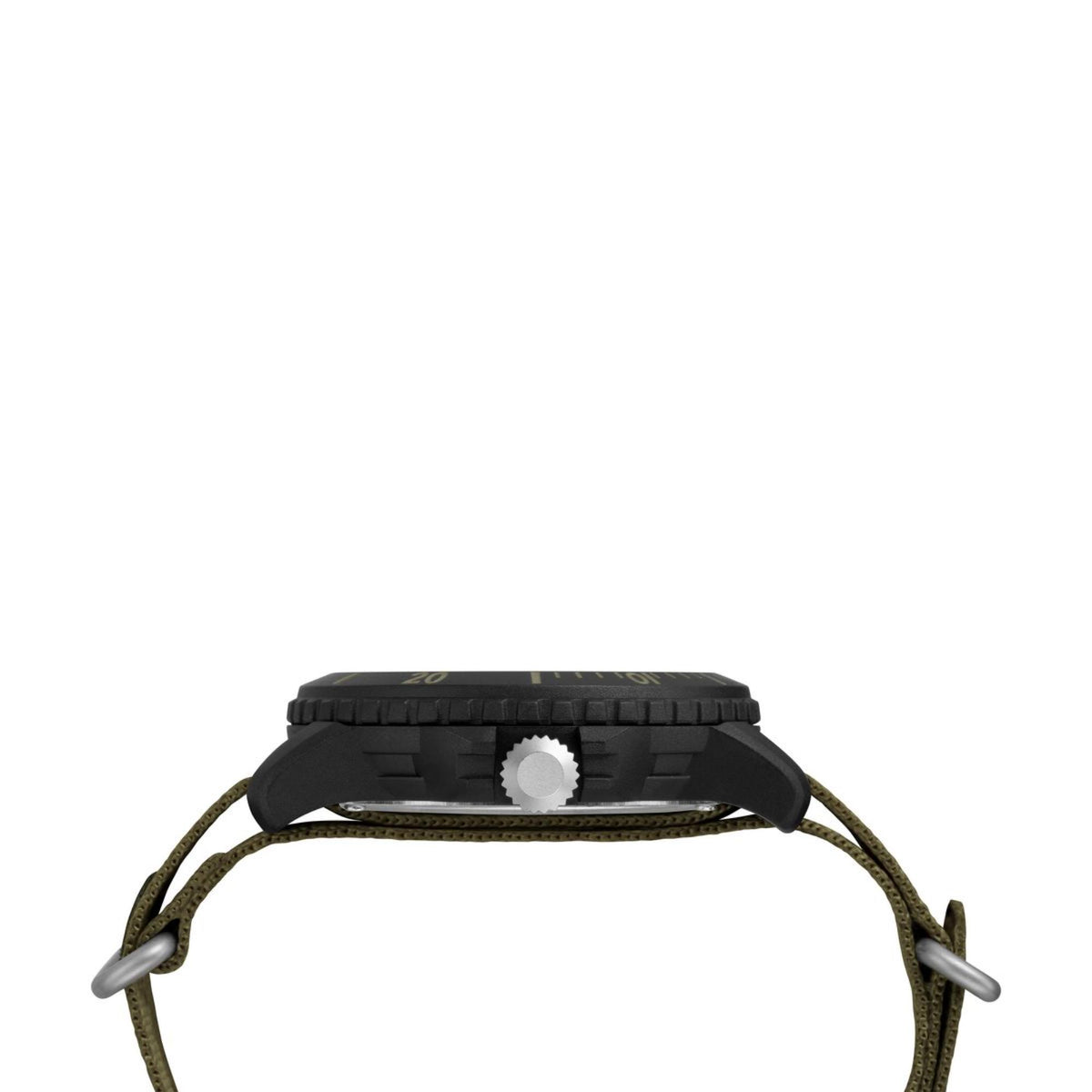 Men's Timex watch case back with ridged crown, olive fabric strap with buckle holes