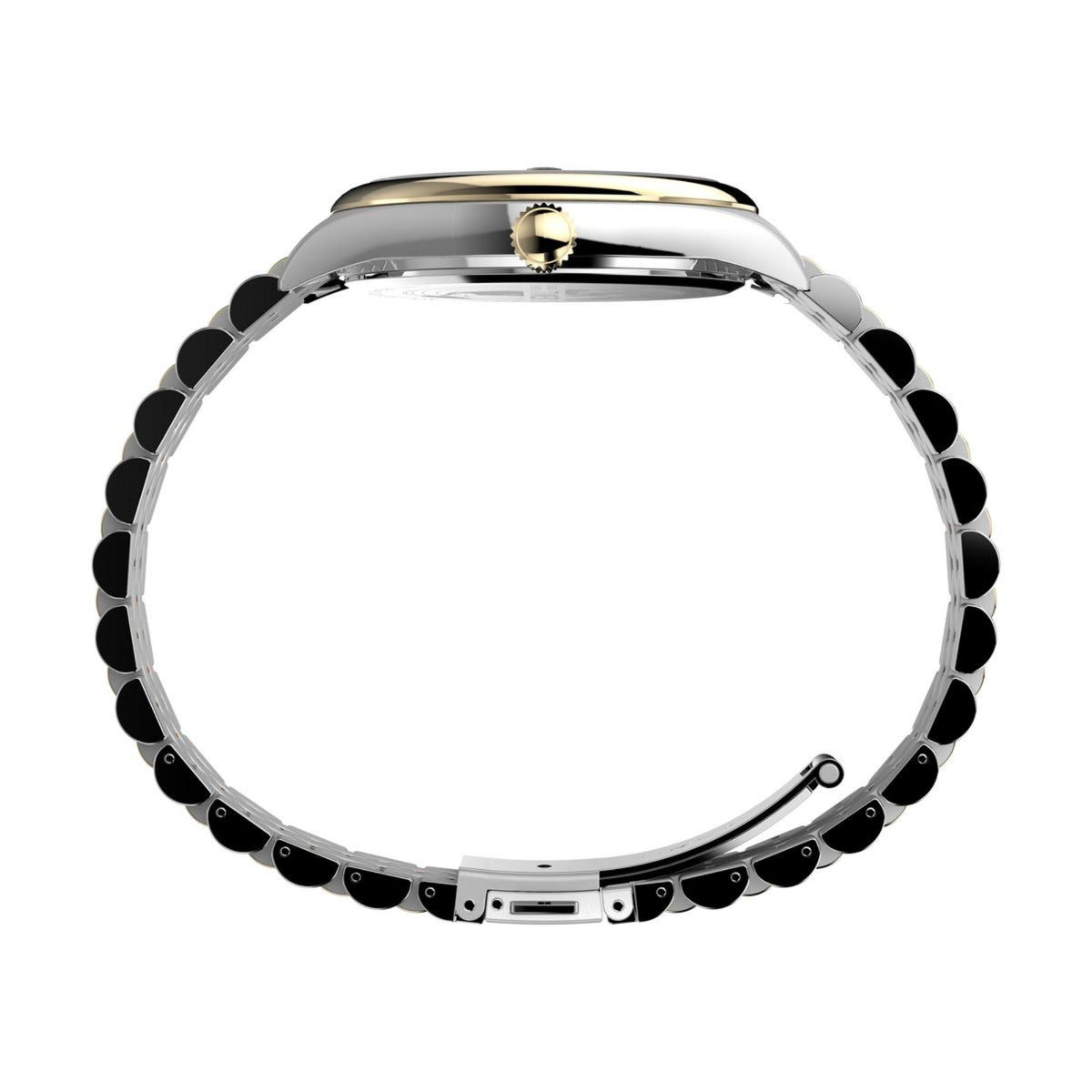 Two-tone steel watch bracelet with polished clasp, shown from side/back angle