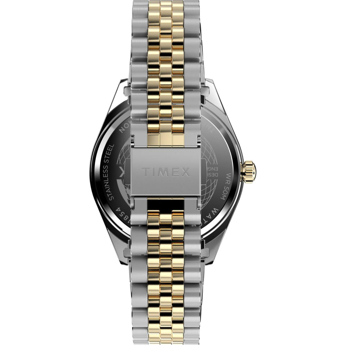 Two-tone steel wrist watch with TIMEX on case back and crown on the right